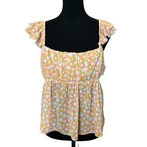 New ~ ELODIE ~ Orange/ Pink Floral Ruched Bust Ruffle Sleeve Top Size XL